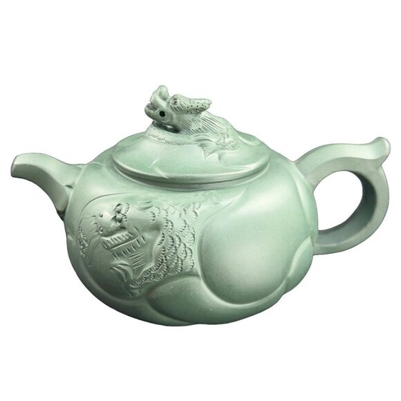Chinese Yixing Zisha Green Clay Teapot Marked Pottery Dragon Serpent Tongue Out - Picture 1 of 16